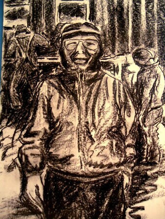 Stone Carvers. 1988. Charcoal on paper. Arctic series.