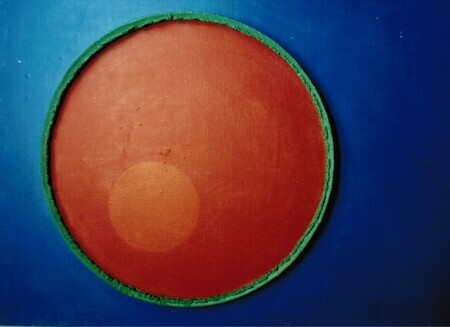 Composition # 8 Fertility series. Acrylic on canvas and board, and steel. 24" x 36". 1980.